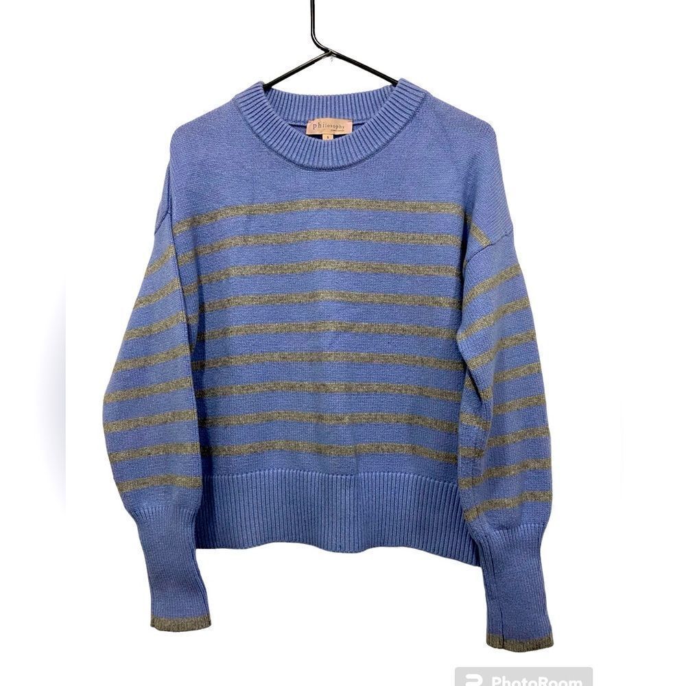 Philosophy Republic Clothing women’s blue sweater gray stripes size small - Picture 2 of 10